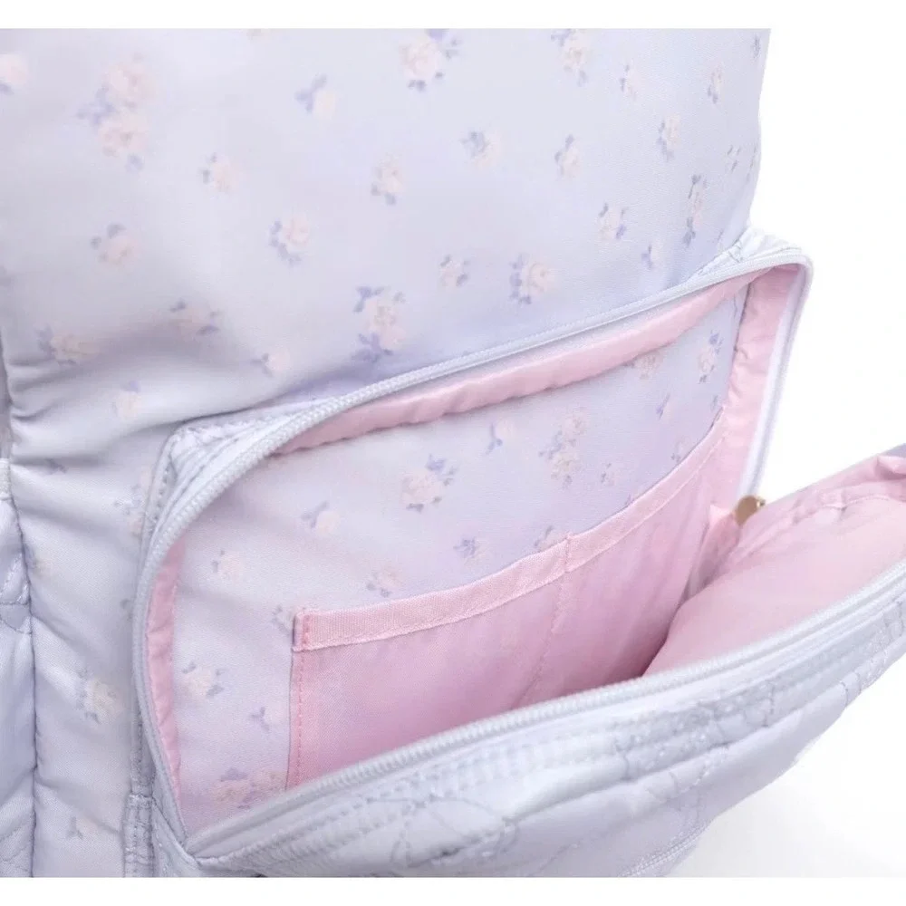 LoveShackFancy x Yoobi Lavender Floral Quilted Bow Backpack with Laptop Sleeve
